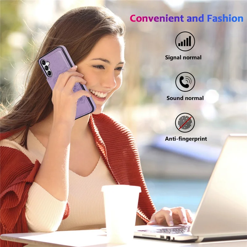Para Samsung Galaxy A14 5G / 4G Couro+Capa de TPU com Suporte Flor Mandala Estampada Capa de Telefone - Roxo