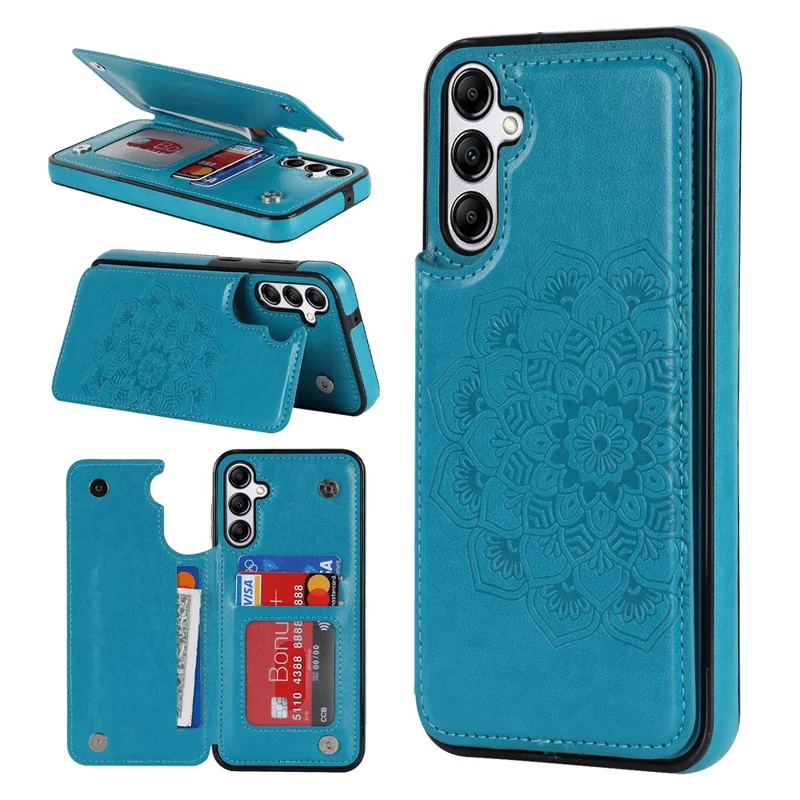 Pour Samsung Galaxy A15 5G Étui de téléphone magnétique Mandala Flower Imprinted Card Slots Cover - Bleu foncé