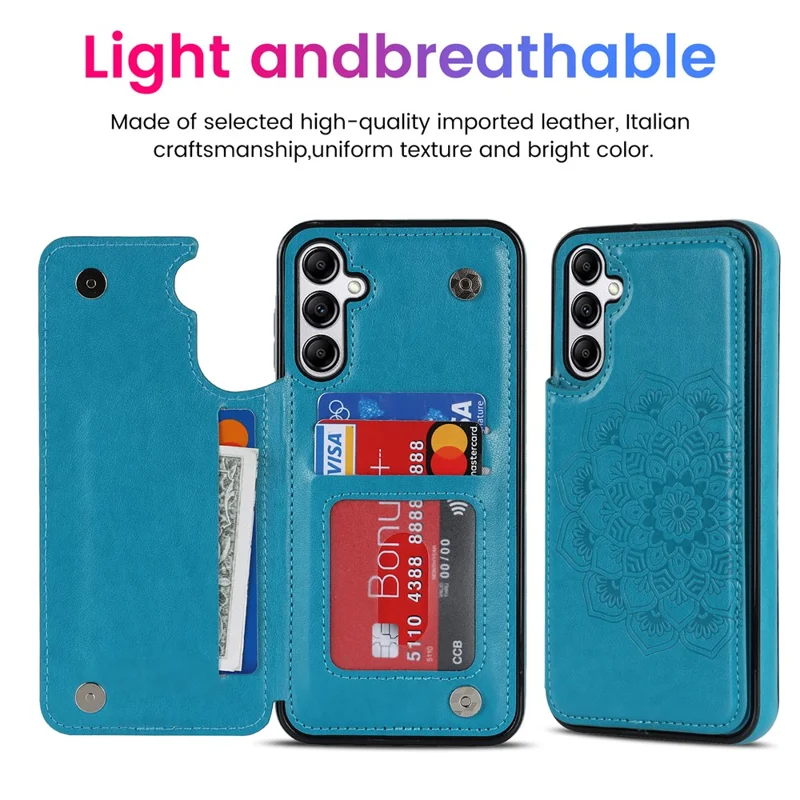 Pour Samsung Galaxy A15 5G Étui de téléphone magnétique Mandala Flower Imprinted Card Slots Cover - Bleu foncé