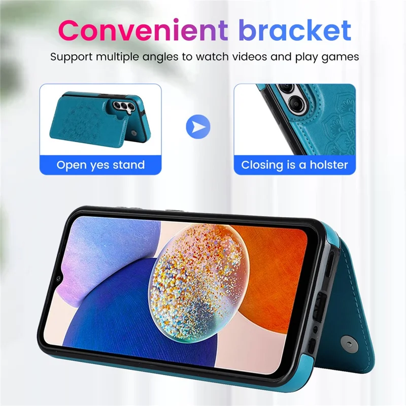 Pour Samsung Galaxy A15 5G Étui de téléphone magnétique Mandala Flower Imprinted Card Slots Cover - Bleu foncé