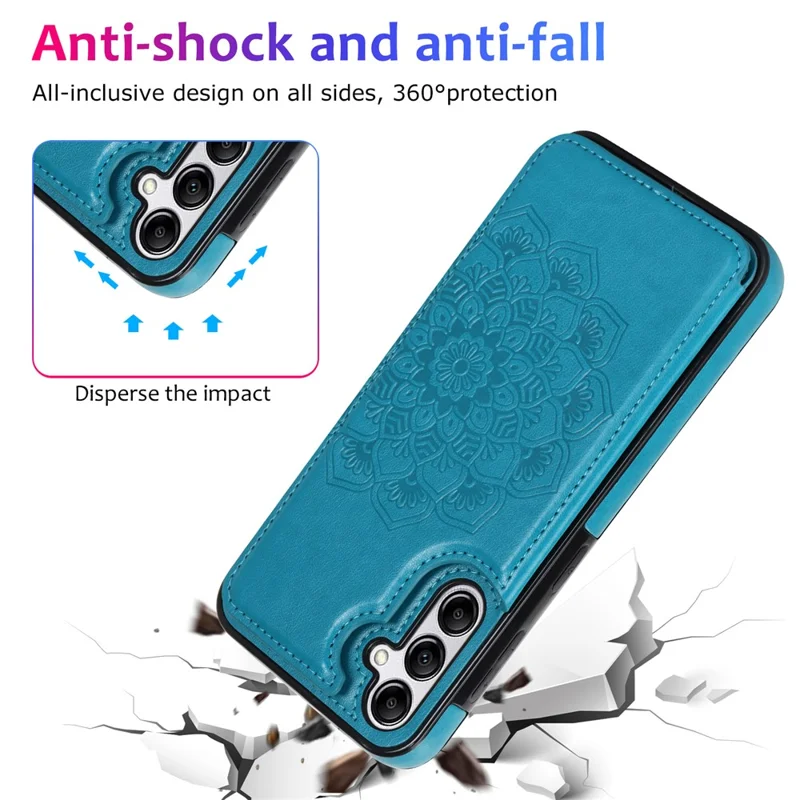 Pour Samsung Galaxy A15 5G Étui de téléphone magnétique Mandala Flower Imprinted Card Slots Cover - Bleu foncé