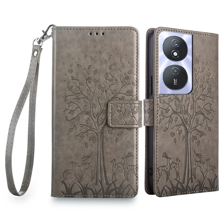Für Honor Play 50 Plus 5G / Play 8T 5G / X7b 4G / 90 Smart Case Geprägtes Hirsch-Baum-Muster Leder Handyhülle - Grau
