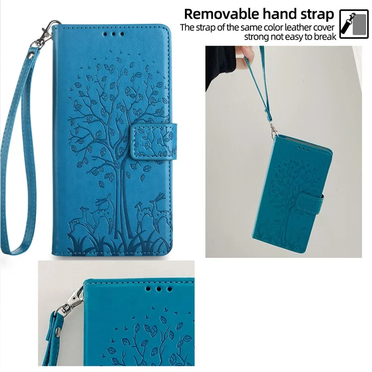 For Samsung Galaxy A15 4G / A15 5G Magnetic Case Imprinted Deer Tree Pattern Cover with Hand Strap - Blue