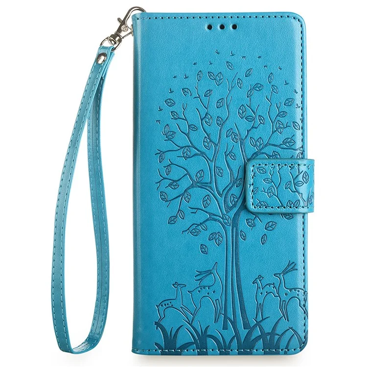 For Samsung Galaxy A15 4G / A15 5G Magnetic Case Imprinted Deer Tree Pattern Cover with Hand Strap - Blue