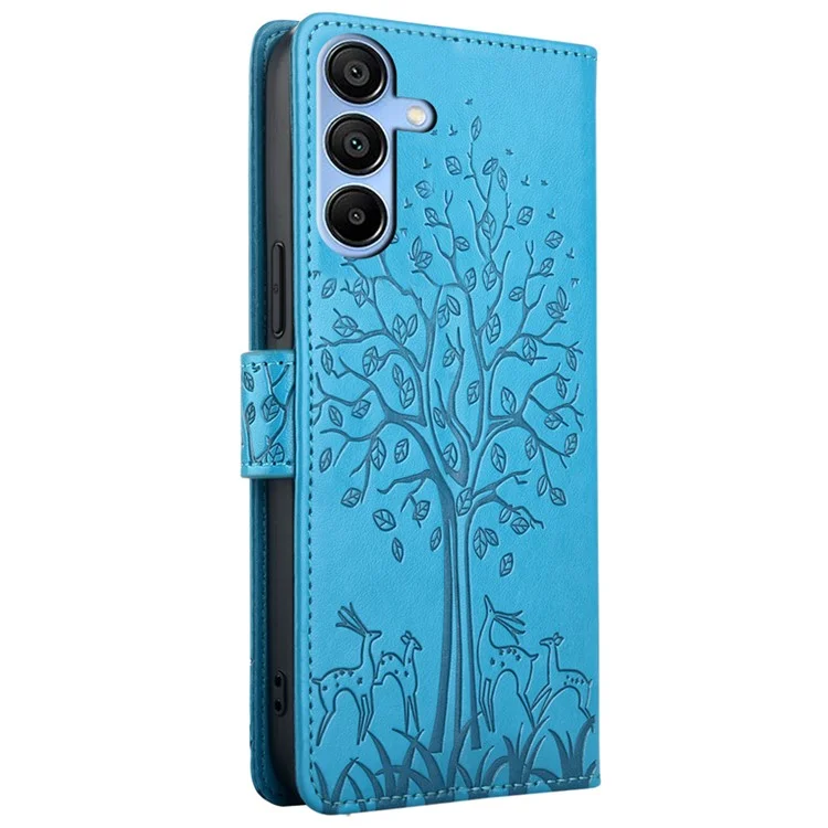 For Samsung Galaxy A15 4G / A15 5G Magnetic Case Imprinted Deer Tree Pattern Cover with Hand Strap - Blue