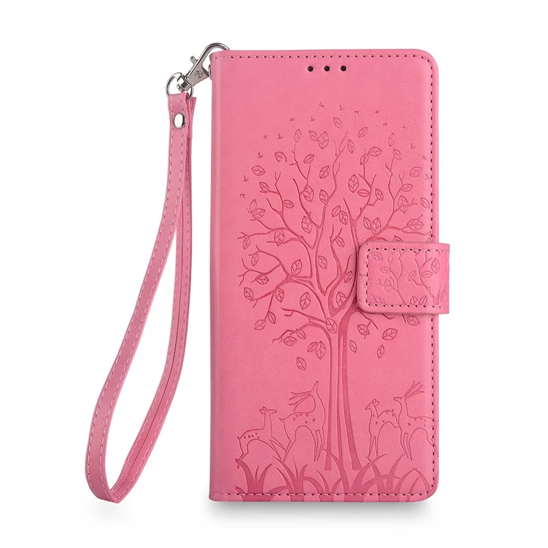 For Samsung Galaxy A25 5G (Global) (161.0 x 76.5 x 8.3mm) Case Imprinted Deer Tree Pattern 3 Card Slots Phone Protector with Hand Strap - Pink