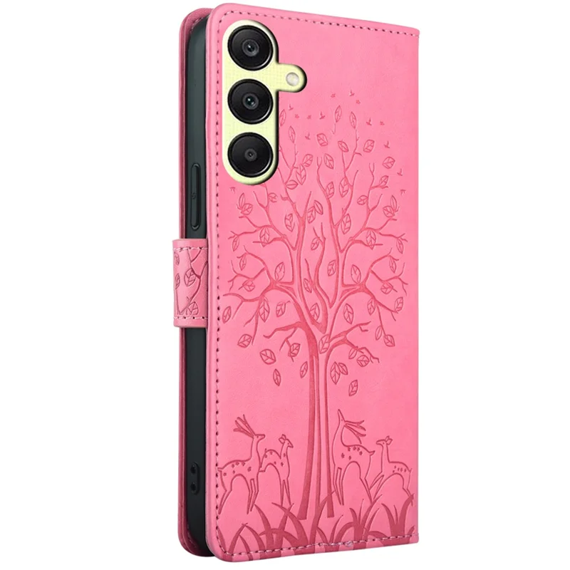 For Samsung Galaxy A25 5G (Global) (161.0 x 76.5 x 8.3mm) Case Imprinted Deer Tree Pattern 3 Card Slots Phone Protector with Hand Strap - Pink