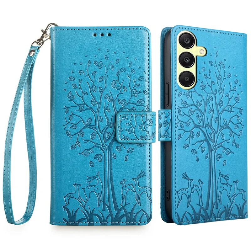For Samsung Galaxy A25 5G (Global) (161.0 x 76.5 x 8.3mm) Case Imprinted Deer Tree Pattern 3 Card Slots Phone Protector with Hand Strap - Blue