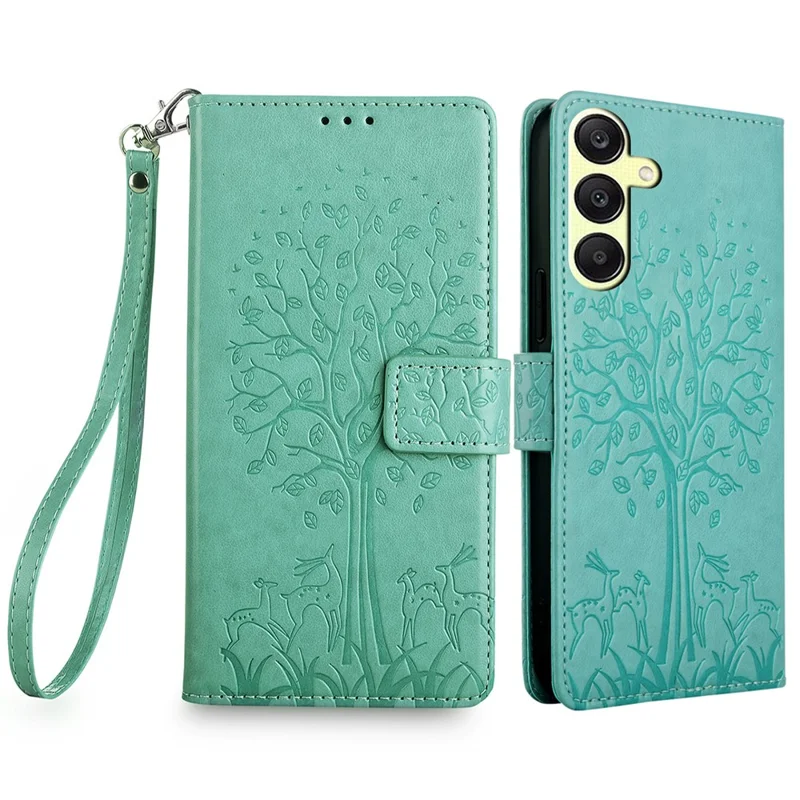 For Samsung Galaxy A25 5G (Global) (161.0 x 76.5 x 8.3mm) Case Imprinted Deer Tree Pattern 3 Card Slots Phone Protector with Hand Strap - Blue