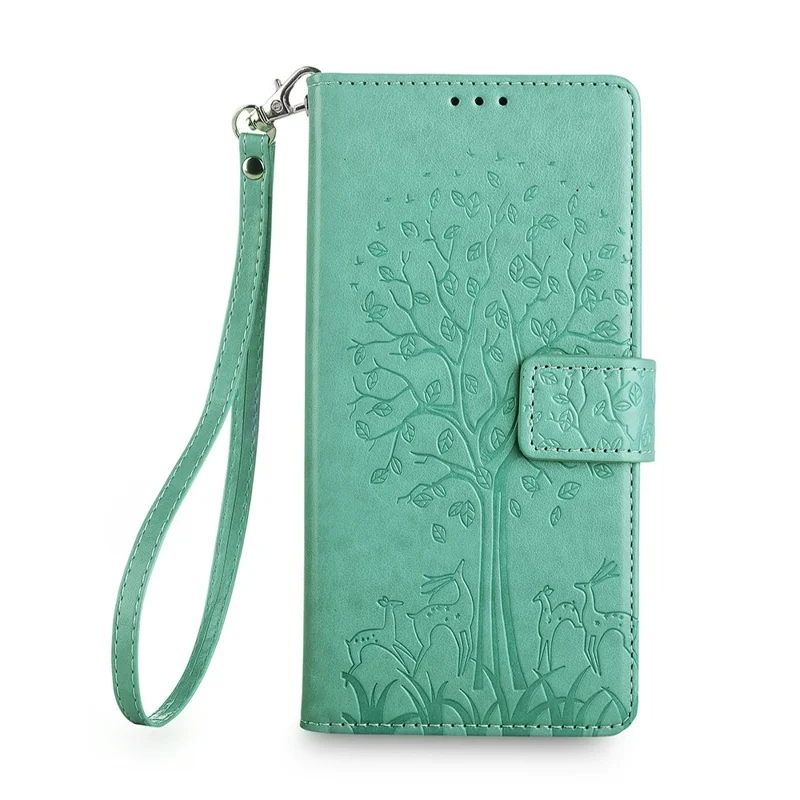 For Samsung Galaxy A25 5G (Global) (161.0 x 76.5 x 8.3mm) Case Imprinted Deer Tree Pattern 3 Card Slots Phone Protector with Hand Strap - Blue