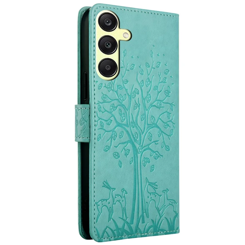 For Samsung Galaxy A25 5G (Global) (161.0 x 76.5 x 8.3mm) Case Imprinted Deer Tree Pattern 3 Card Slots Phone Protector with Hand Strap - Blue