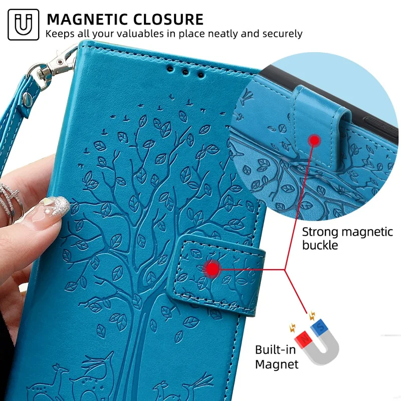 For Samsung Galaxy A25 5G (Global) (161.0 x 76.5 x 8.3mm) Case Imprinted Deer Tree Pattern 3 Card Slots Phone Protector with Hand Strap - Blue