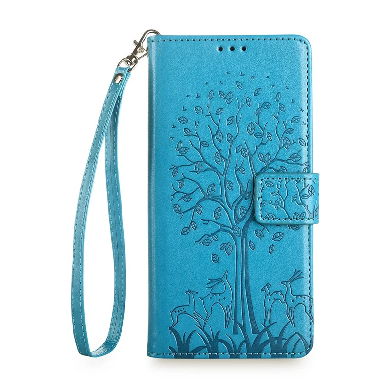 For Samsung Galaxy A25 5G (Global) (161.0 x 76.5 x 8.3mm) Case Imprinted Deer Tree Pattern 3 Card Slots Phone Protector with Hand Strap - Blue