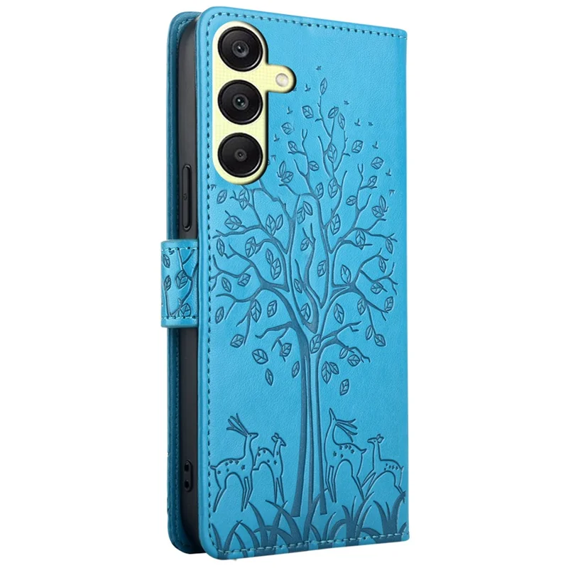 For Samsung Galaxy A25 5G (Global) (161.0 x 76.5 x 8.3mm) Case Imprinted Deer Tree Pattern 3 Card Slots Phone Protector with Hand Strap - Blue