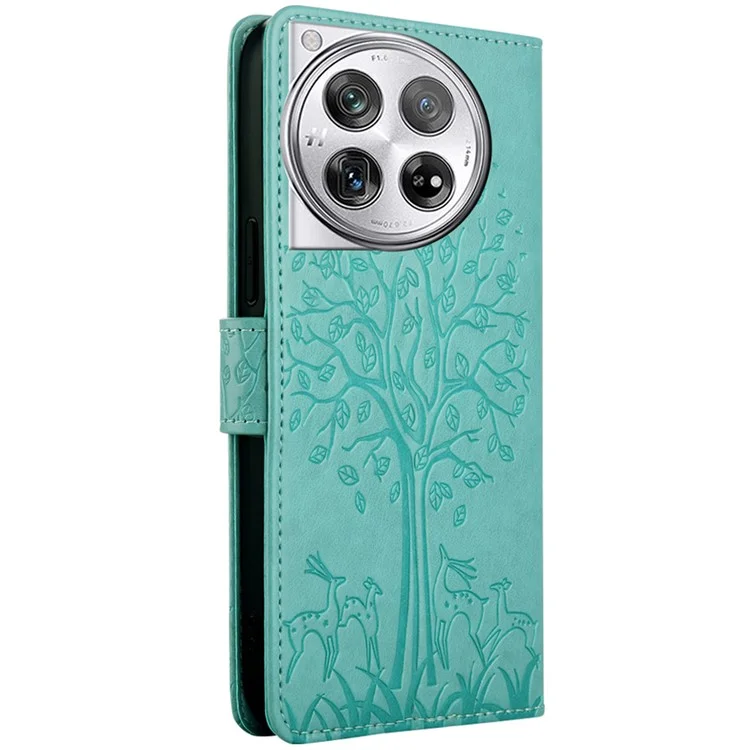 For OnePlus 12 5G Leather Case Imprinted Deer Tree Pattern Card Slots Wallet Phone Guard Cover - Green