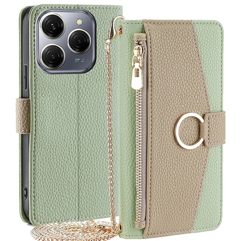 For TECNO Spark 20 Pro Case Zipper Pocket Leather Wallet Phone Cover with Chain Shoulder Strap - Green