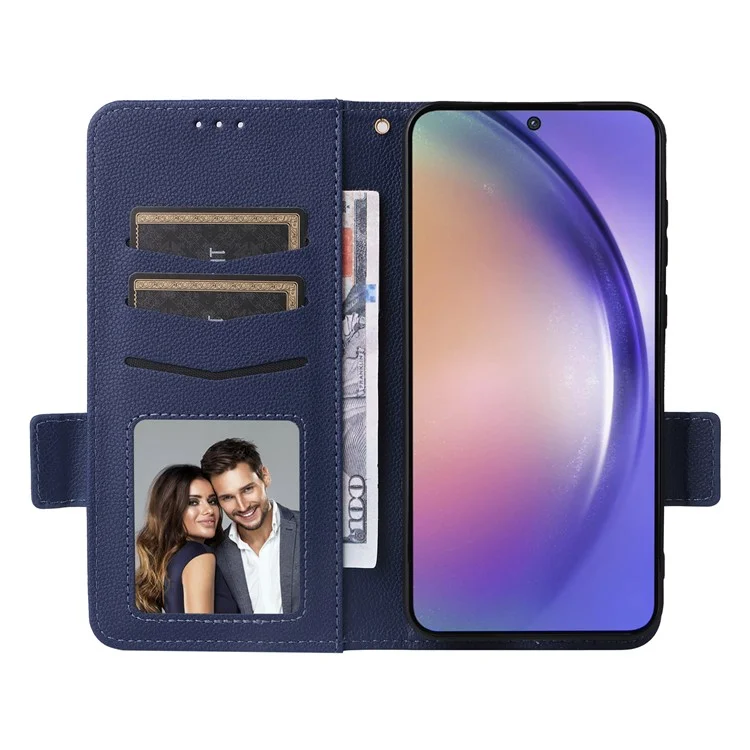 Para Samsung Galaxy A55 5G Flip Wallet Leather Case Litchi Texture Phone Cover - Dark Blue
