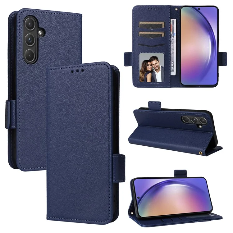 Para Samsung Galaxy A55 5G Flip Wallet Leather Case Litchi Texture Phone Cover - Dark Blue
