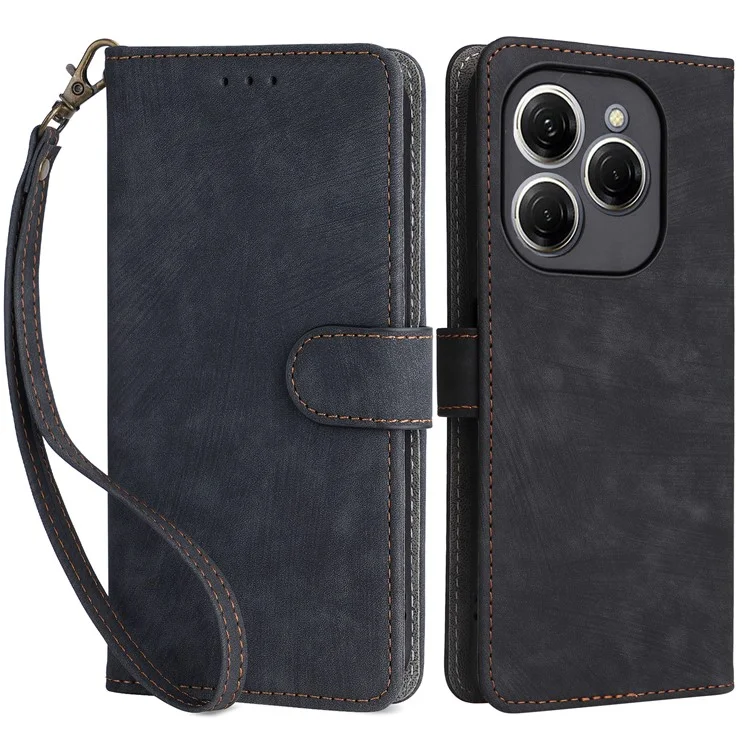 For TECNO Spark 20 Pro KJ6 Case RFID Blocking PU Leather+TPU Cell Phone Cover with Strap - Black