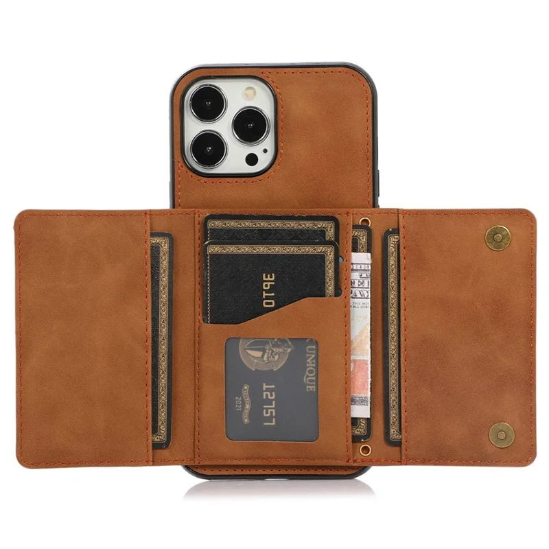 For iPhone 12 Pro Max 6.7 inch Cell Phone Case Tri-fold Wallet Anti-scratch PU Leather+TPU Cover - Brown