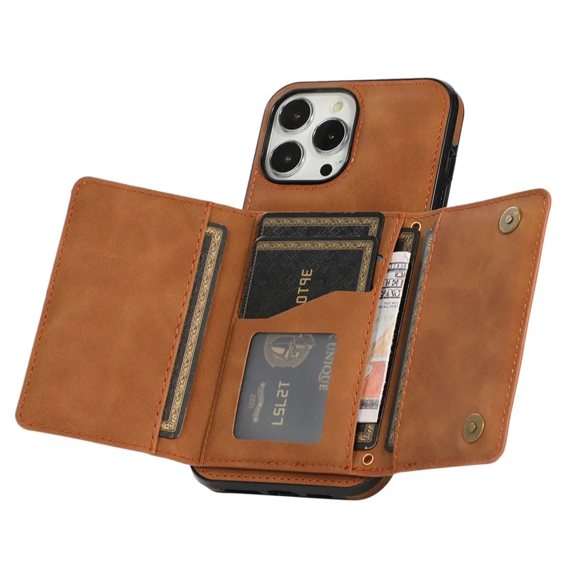 For iPhone 12 Pro Max 6.7 inch Cell Phone Case Tri-fold Wallet Anti-scratch PU Leather+TPU Cover - Brown