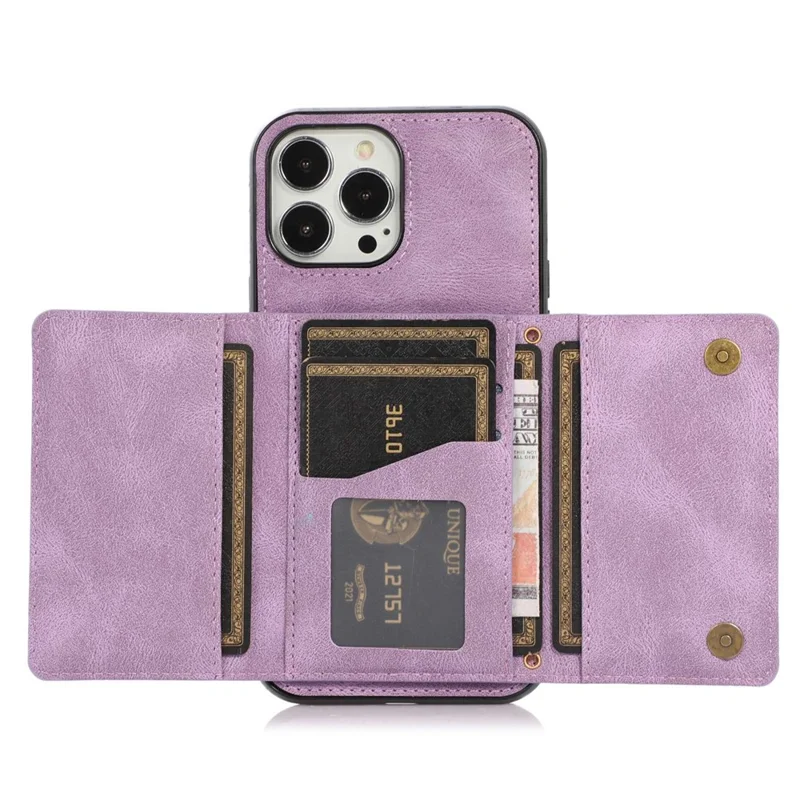 For iPhone 12 Pro Max 6.7 inch Cell Phone Case Tri-fold Wallet Anti-scratch PU Leather+TPU Cover - Purple
