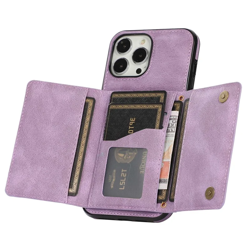 For iPhone 12 Pro Max 6.7 inch Cell Phone Case Tri-fold Wallet Anti-scratch PU Leather+TPU Cover - Purple