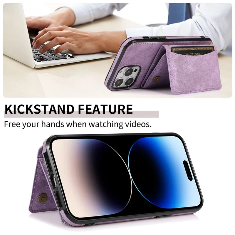 For iPhone 12 Pro Max 6.7 inch Cell Phone Case Tri-fold Wallet Anti-scratch PU Leather+TPU Cover - Purple