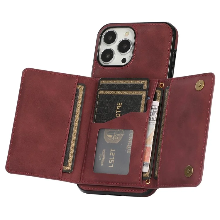 Para iPhone 12 Pro Max 6,7 polegadas Capa de telefone celular Carteira Tri-fold Anti-scratch PU Leather+TPU Cover - Vinho Tinto