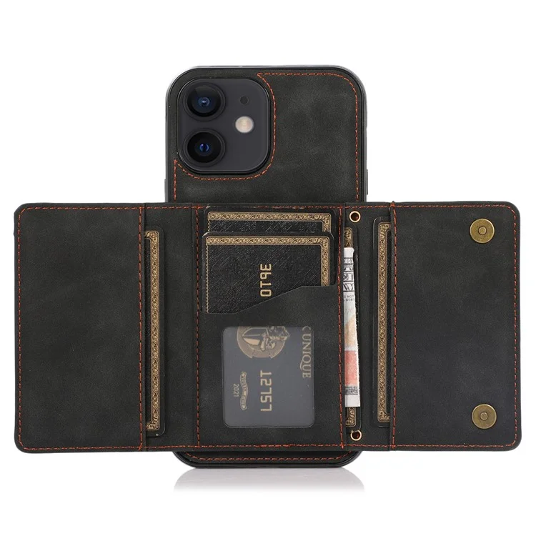 For iPhone 12 mini 5.4 inch Case Magnetic Button Tri-fold Wallet Kickstand PU Leather Coated TPU Cover - Black