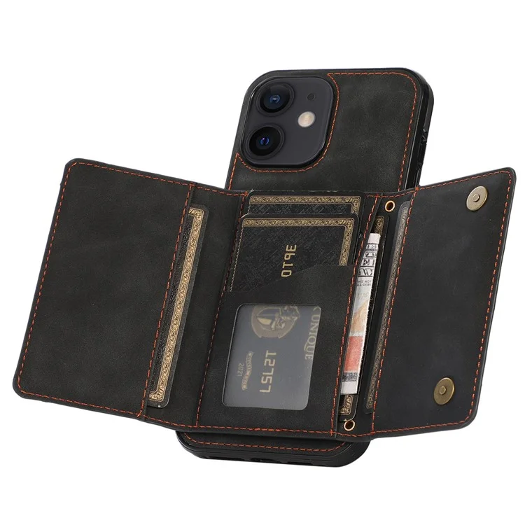 For iPhone 12 mini 5.4 inch Case Magnetic Button Tri-fold Wallet Kickstand PU Leather Coated TPU Cover - Black