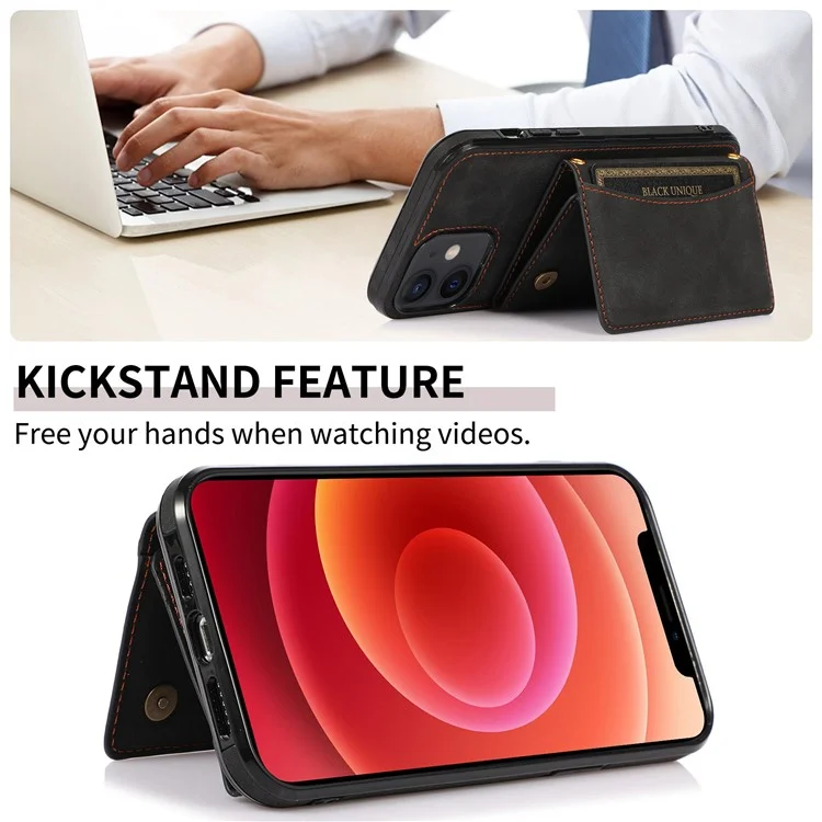 For iPhone 12 mini 5.4 inch Case Magnetic Button Tri-fold Wallet Kickstand PU Leather Coated TPU Cover - Black