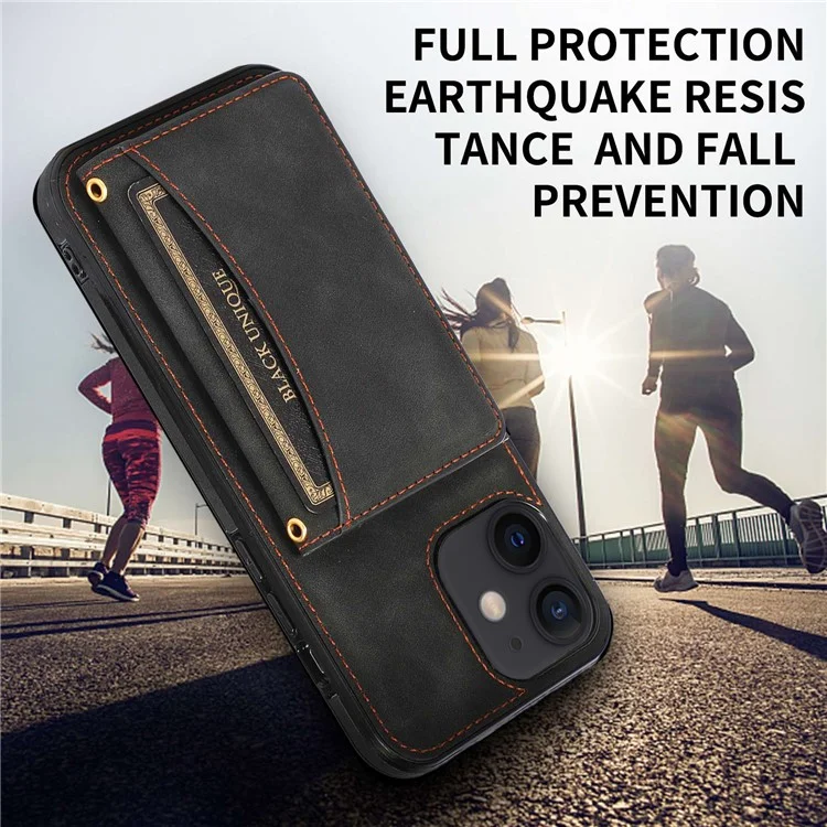 For iPhone 12 mini 5.4 inch Case Magnetic Button Tri-fold Wallet Kickstand PU Leather Coated TPU Cover - Black