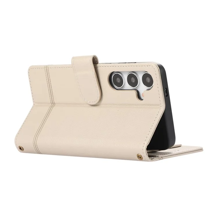 Para Samsung Galaxy S24+ Case PU Leather Wallet Built-in Acrylic Mirror Phone Cover with 2 Straps - Bege