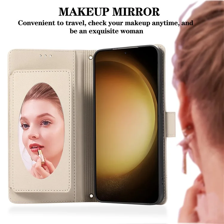 Para Samsung Galaxy S24+ Case PU Leather Wallet Built-in Acrylic Mirror Phone Cover with 2 Straps - Bege