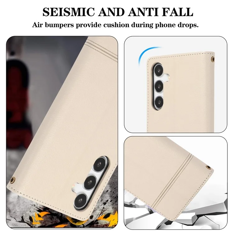 Para Samsung Galaxy S24+ Case PU Leather Wallet Built-in Acrylic Mirror Phone Cover with 2 Straps - Bege