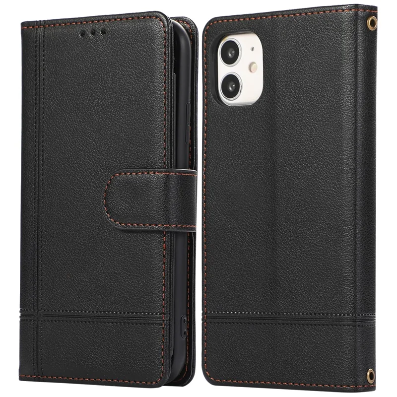For iPhone 11 Cell Phone Case Lines Imprinted Built-in Mirror Anti-drop Leather Cover with 2 Straps - Black