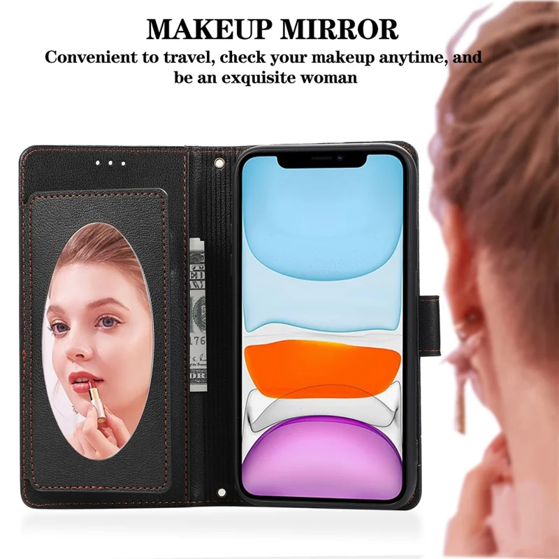 For iPhone 11 Cell Phone Case Lines Imprinted Built-in Mirror Anti-drop Leather Cover with 2 Straps - Black