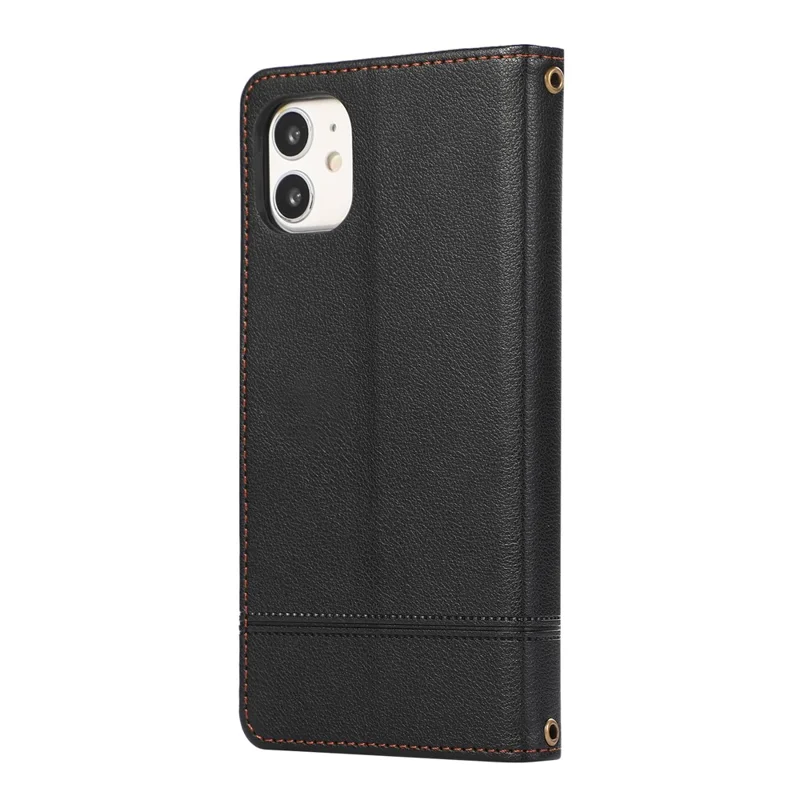 For iPhone 11 Cell Phone Case Lines Imprinted Built-in Mirror Anti-drop Leather Cover with 2 Straps - Black