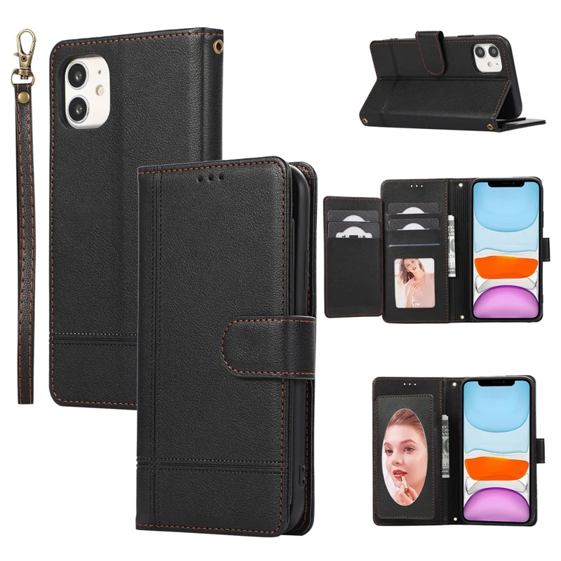 For iPhone 11 Cell Phone Case Lines Imprinted Built-in Mirror Anti-drop Leather Cover with 2 Straps - Black