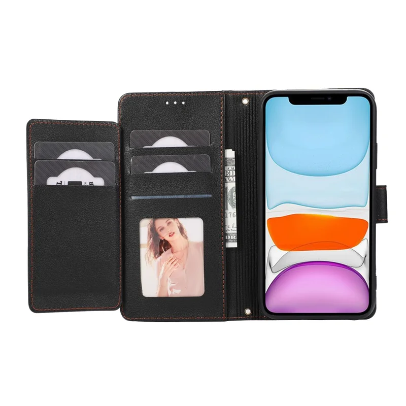 For iPhone 11 Cell Phone Case Lines Imprinted Built-in Mirror Anti-drop Leather Cover with 2 Straps - Black