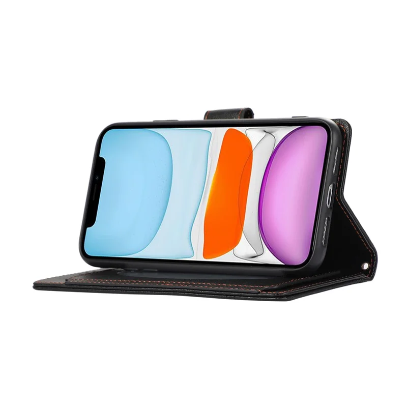 For iPhone 11 Cell Phone Case Lines Imprinted Built-in Mirror Anti-drop Leather Cover with 2 Straps - Black