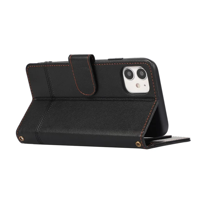 For iPhone 11 Cell Phone Case Lines Imprinted Built-in Mirror Anti-drop Leather Cover with 2 Straps - Black