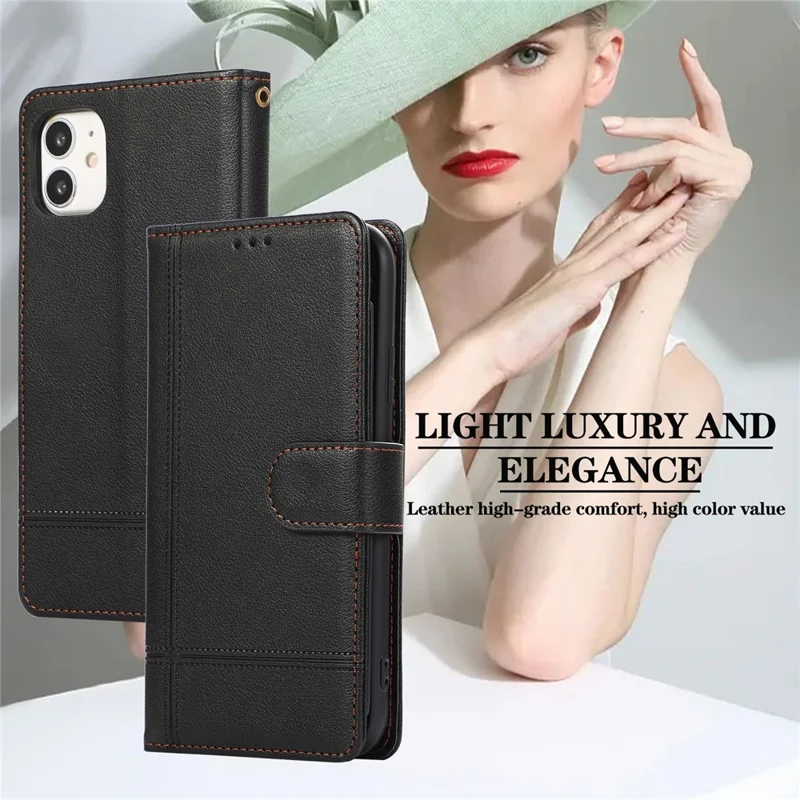For iPhone 11 Cell Phone Case Lines Imprinted Built-in Mirror Anti-drop Leather Cover with 2 Straps - Black
