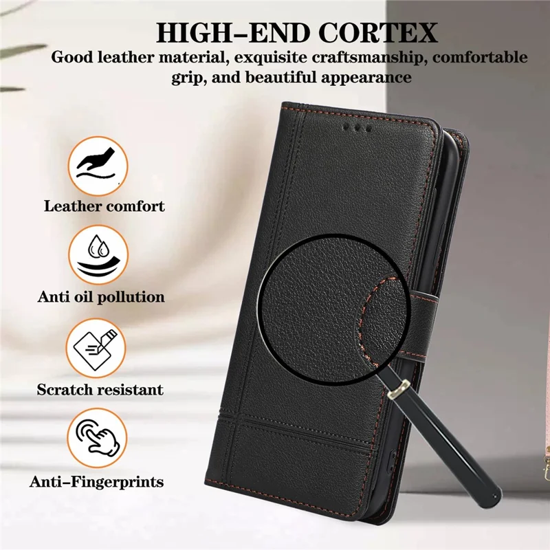For iPhone 11 Cell Phone Case Lines Imprinted Built-in Mirror Anti-drop Leather Cover with 2 Straps - Black