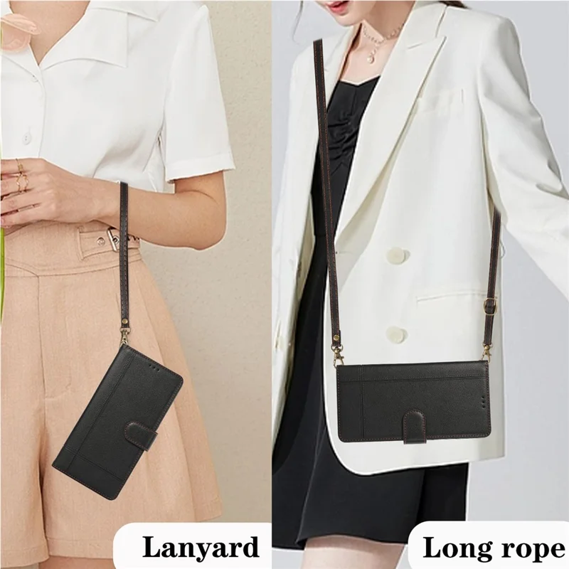 For iPhone 11 Cell Phone Case Lines Imprinted Built-in Mirror Anti-drop Leather Cover with 2 Straps - Black