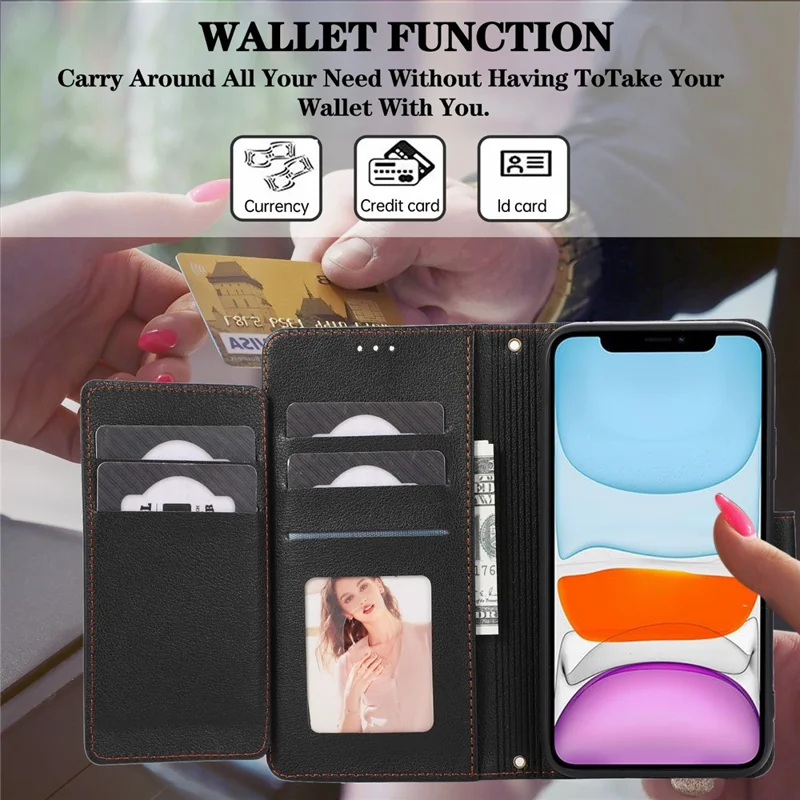 For iPhone 11 Cell Phone Case Lines Imprinted Built-in Mirror Anti-drop Leather Cover with 2 Straps - Black