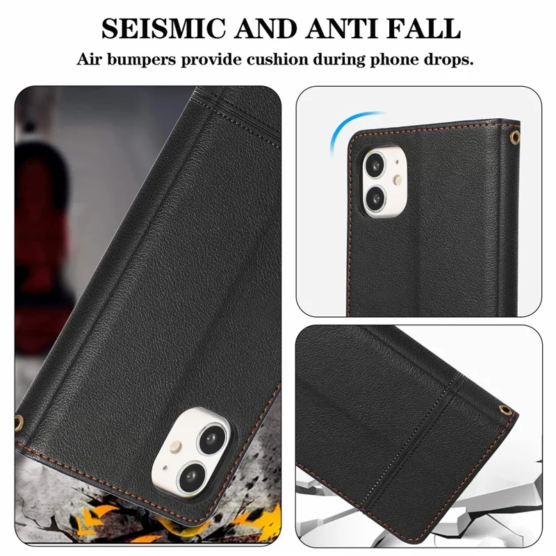 For iPhone 11 Cell Phone Case Lines Imprinted Built-in Mirror Anti-drop Leather Cover with 2 Straps - Black