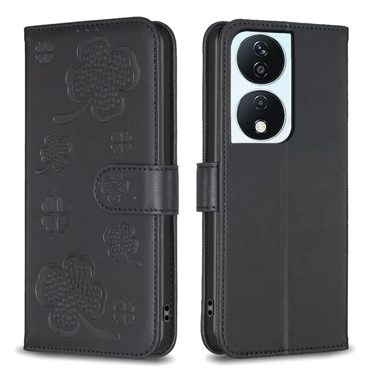 Para Honor X7b 4G / 90 Smart Wallet Leather Case Clover Pattern Flip Phone Cover - Preto