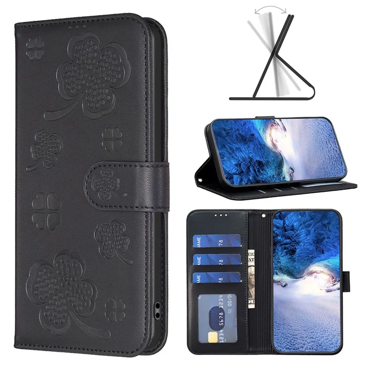 Para Honor X7b 4G / 90 Smart Wallet Leather Case Clover Pattern Flip Phone Cover - Preto